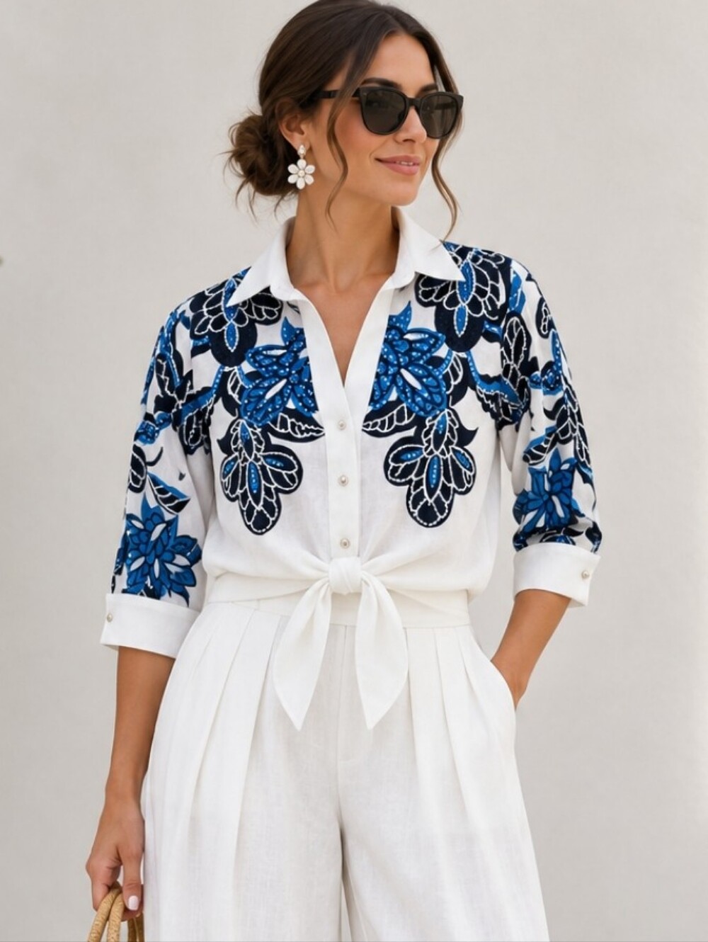White Blouse With Floral Design And Rhinestones Size 2